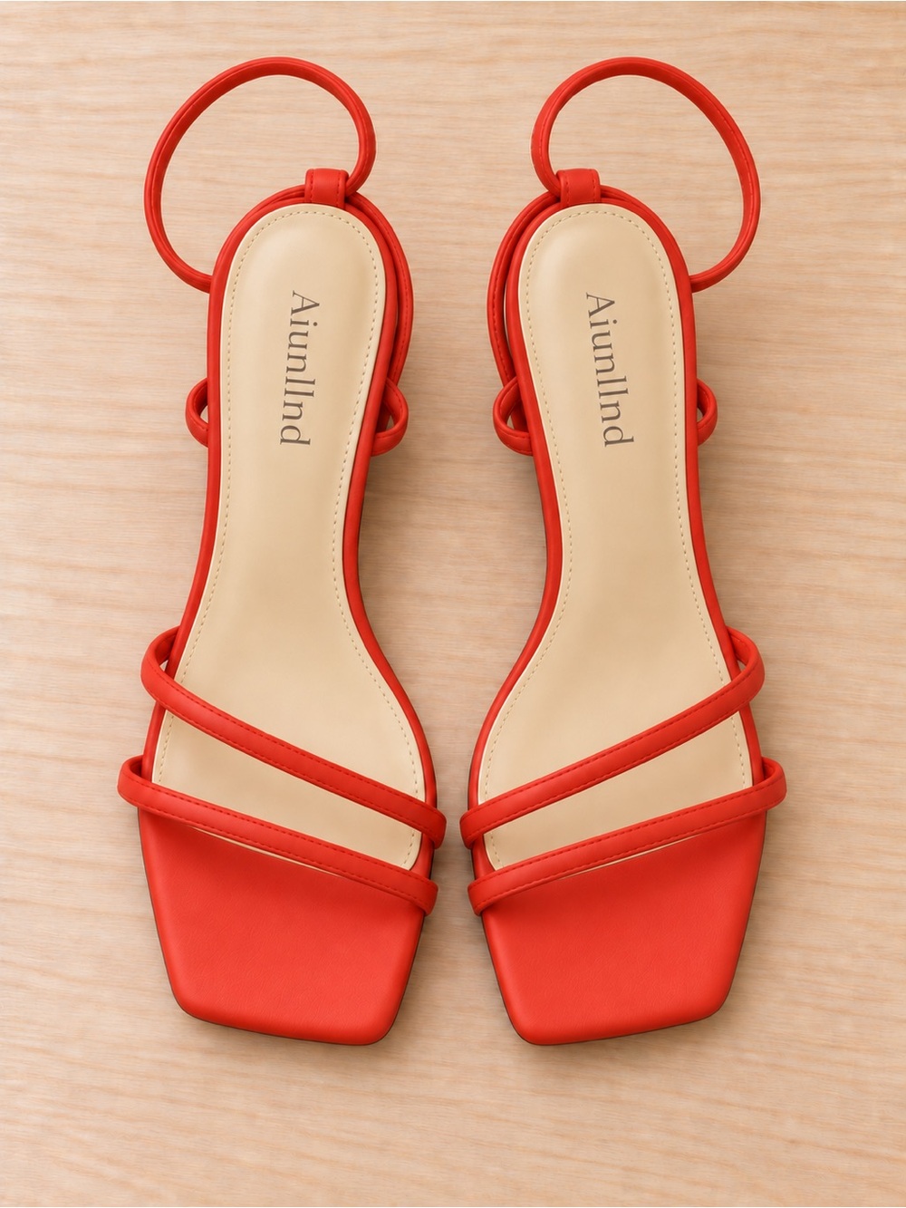 Red Strappy Square-Toe Women's Sandals with Ankle Loop